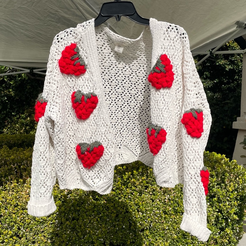 White and Red Strawberry Knit Sweater